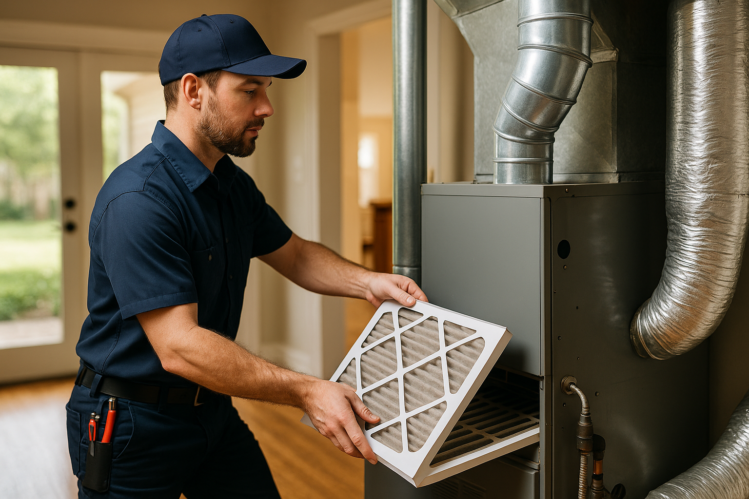 Editorial illustration depicting air filter change frequency chattanooga humidity