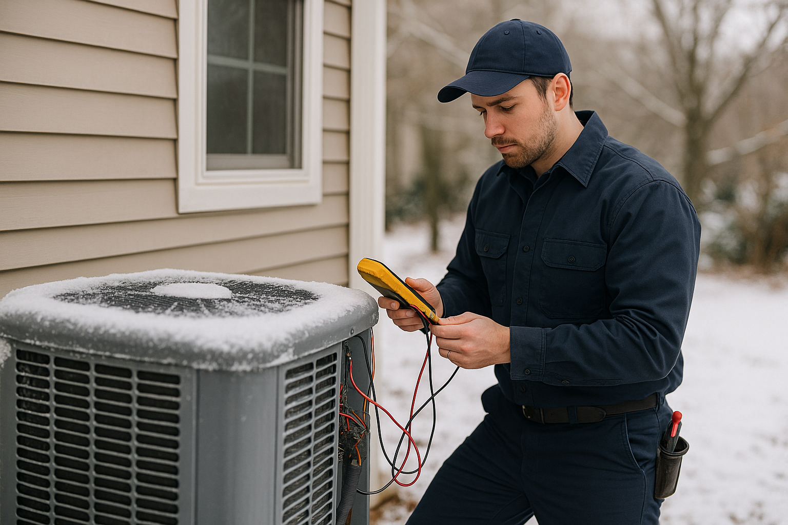Editorial illustration depicting heat pump freezing chattanooga winter